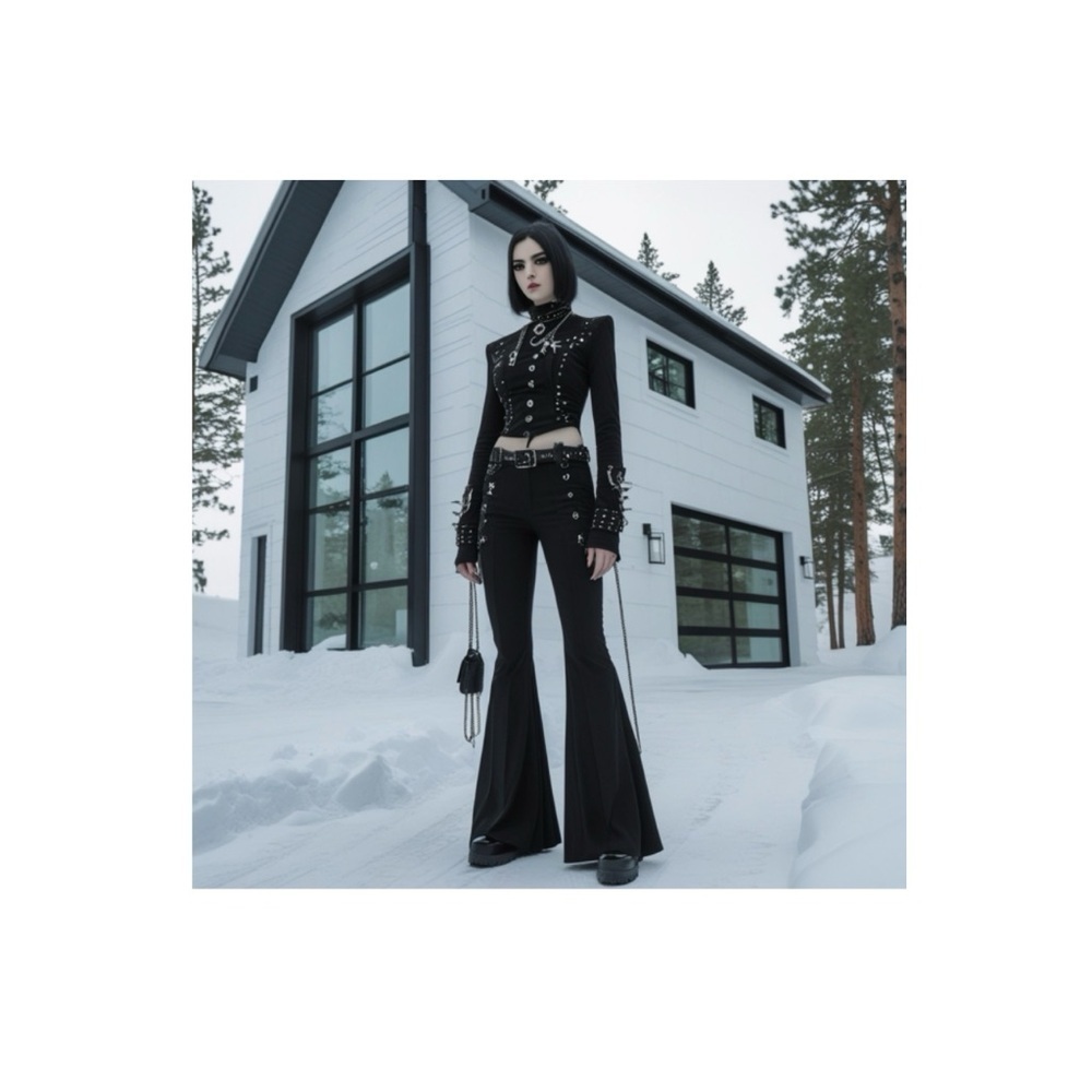 HANDCRAFTED digital print Elegant Black Flare Pants goth look on model print NWT